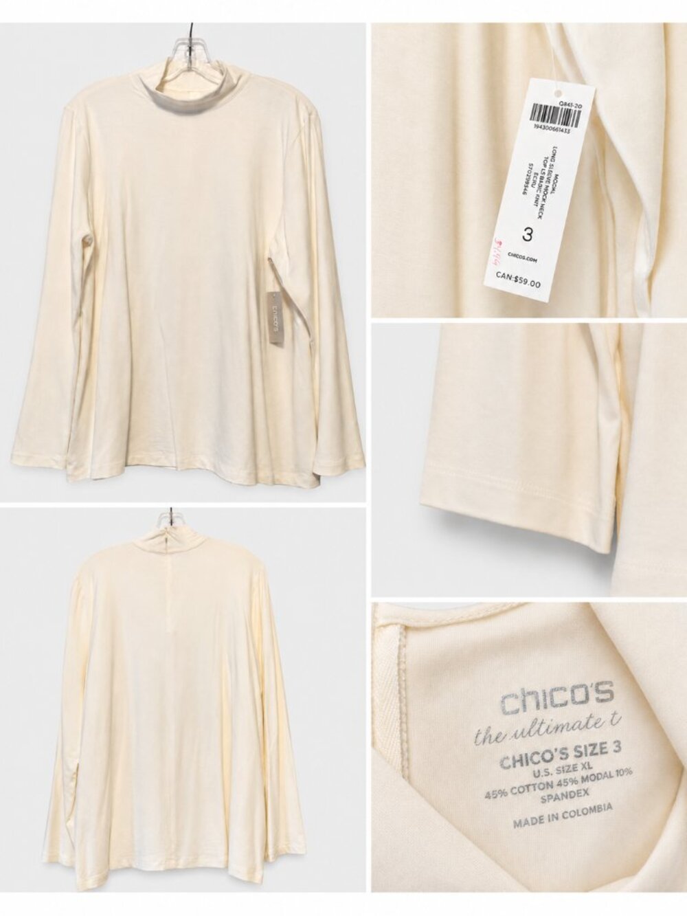 Chico’s Ultimate Tee Size 3 XL Ecru Mock Neck Top NWT